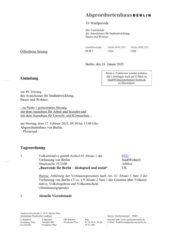 Ausschusseinladung mit Tagesordnung