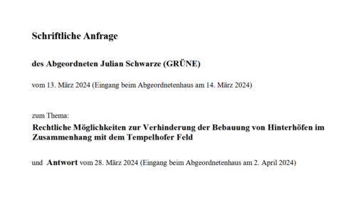 Ausschnitts aus einer schriftlichen Anfrage zum Tempelhofer Feld